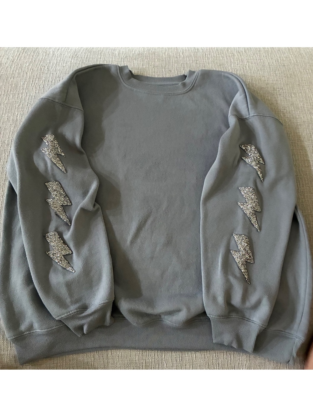 No Comment- Medium Gray Sweatshirt with Sparkling Lightning Bolt Embellishments